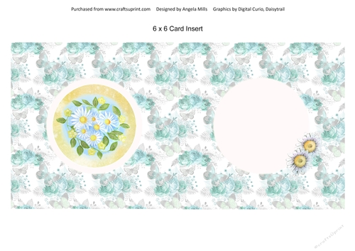 6 x 6 Card Insert Blue/Yellow Daisies on Shabby Aqua/White Floral Background, Blank