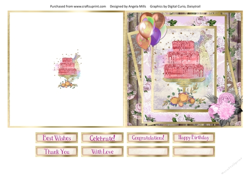 5 x 5 Quick Cut & Fold Card Shabby Pink Glitter Cake with Sentiments Pink/Lilac/Gold