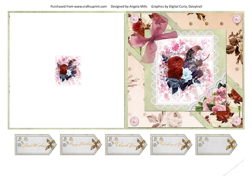 5 x 5 Quick Cut & Fold Card Shabby Floral Bird with Sentiment Tags Cream/Geen/Pink