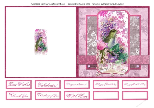 5 x 5 Quick Cut & Fold Card Floral Bird with Sentiment Tags Pink/Taupe/Green