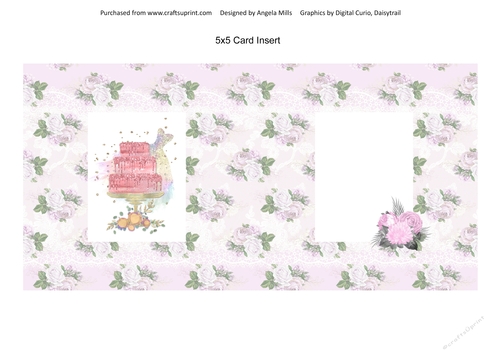 5 x 5 Card Insert Pink Glitter Cake on Shabby Pink Floral Background