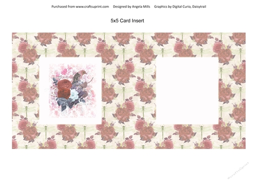 5 x 5 Card Insert Shabby Floral Bird on Russet/Green Floral Background, Blank