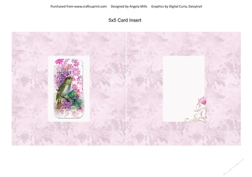 5 x 5 Card Floral Bird on Pink Floral Background, Blank