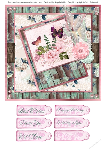 8 x 8 Card Front Peach Peonies & Butterflies with Sentiments Peach/Pink/Aqua
