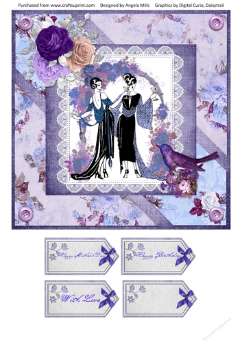 8 x 8 Card Front Elegant 20s Ladies with Sentiments Lilac/Purple