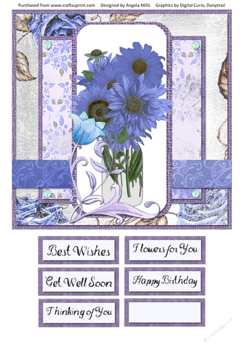 8 x 8 Card Front Lavender Sunflowers Bouquet with Sentiments Lilac/Lavender
