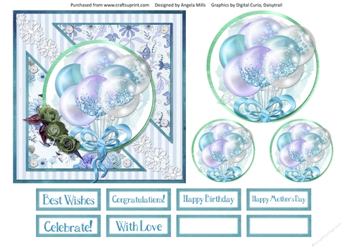 6 x 6 Card Front Blue/Lilac/Aqua Glitter Balloons with Toppers and Sentiments