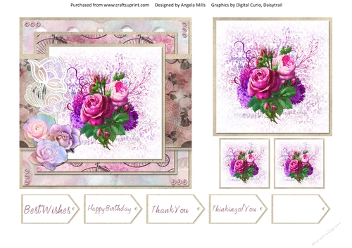 6 x 6 Card Front Shabby Cerise/Violet Floral Bouquet with Toppers and Sentimen Tagts