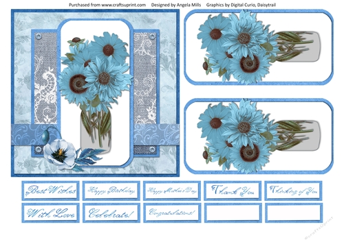 6 x 6 Card Front Shabby Blue Sunflower Bouquet with Toppers and Sentiments