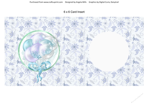 6 x 6 Card Insert Blue/Aqua/Lilac Glitter Balloons on Lilac Floral Background, Blank