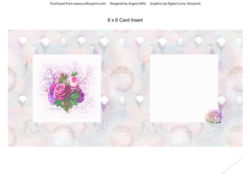6 x 6 Card Insert Shabby Cerise/Violet Bouquet on Pink Hot Air Balloon Background, Blank