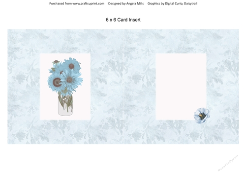 6 x 6 Card Insert Shabby Blue Sunflower Bouquet on Blue Floral Background, Blank