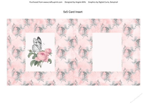 5 x 5 Card Insert Butterfly/Pink Peonies on Pink/Grey Floral Background, Blank