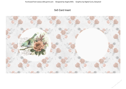 5 x 5 Card Insert Shabby Floral Bird on Orange/Grey/White Floral Background, Blank