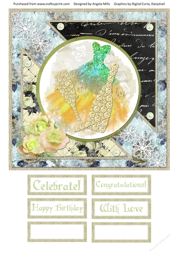 8 x 8 Card Front Green/Gold Party Dress/Champagne with Sentiments, Blue/Yellow
