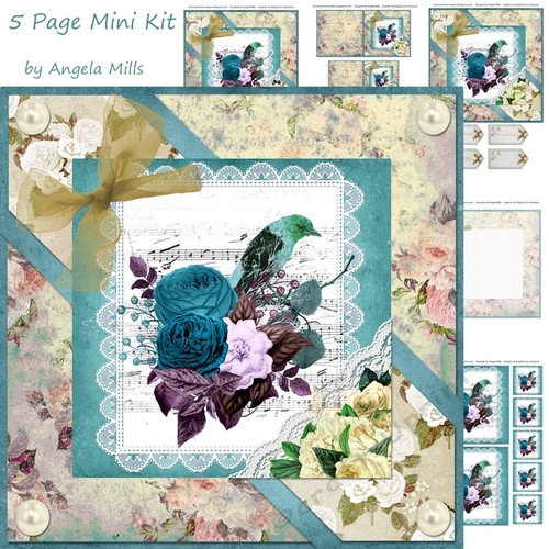 8 x 8 Card Mini Kit Shabby Floral Bird 5 Sheets, Teal/Yellow