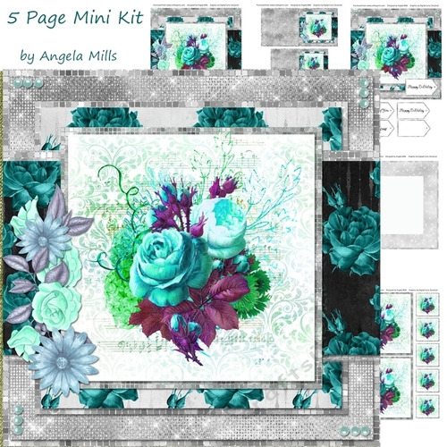 8 x 8 Card Mini Kit Shabby Turquoise Rose Bouquet 5 Sheets, Turquoise/Teal/Silver
