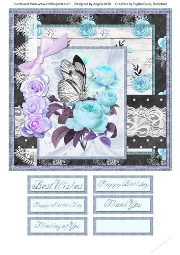8 x 8 Card Front Butterfly/Turquoise Peonies with Sentiments, Turquoise/Lilac/Black