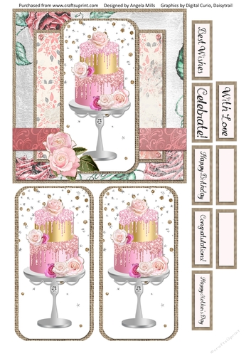 6 x 6 Card Front Pink/Gold Tiered Cake with Toppers and Sentiments