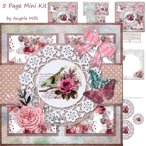 8 x 8 Card Mini Kit Floral Bird/Lace 5 Sheets, Pink/Peach/Fawn