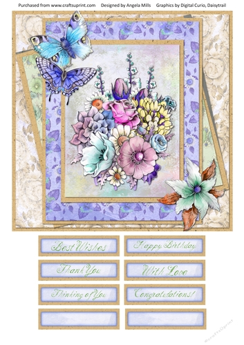 8 x 8 Card Front Garden Bouquet with Sentiments Lilac/Pink/Gold