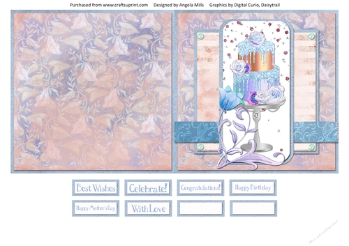 5 x 5 Quick Cut & Fold Card Blue/Gold Tiered Cake with Sentiments Blue/Lilac/Peach