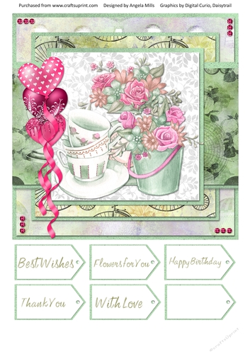 8 x 8 Card Front Pink/Green Flowers & Teacups with Sentiment Tags