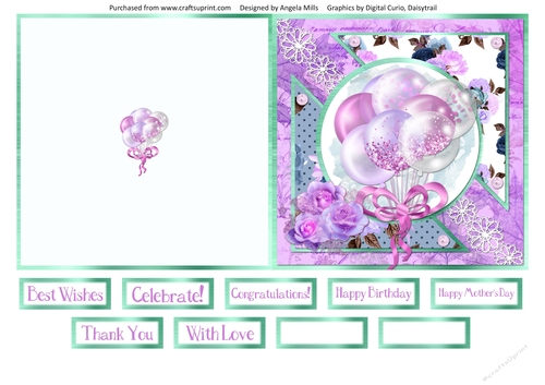 5 x 5 Quick Cut & Fold Card Lilac/Pink/White Balloons with Sentiments Lilac/Blue/Mint Green