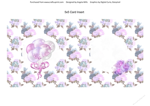 5 x 5 Card Insert Lilac/Pink/White Balloons on Lilac/Pink/Blue Floral Background, Blank