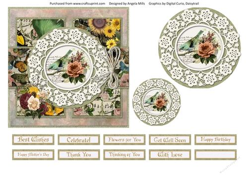 6 x 6 Card Front Vintage Floral Bird with Toppers and Sentiments, Green/Yellow
