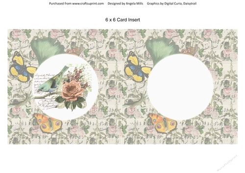 6 x 6 Card Insert Vintage Floral Bird on Shabby Floral/Butterflies Background Green/Yellow/Pink
