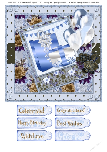 8 x 8 Card Front Blue/White Gifts & Balloons with Sentiment Tags, Blue/Grey/Gold