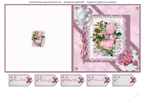 5 x 5 Quick Cut & Fold Card Shabby Pink Roses with Sentiment Tags, Pink/Green/Violet