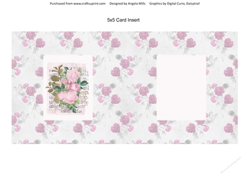 5 x 5 Card Insert, Shabby Pink Roses on Pink/White Floral Background, Blank