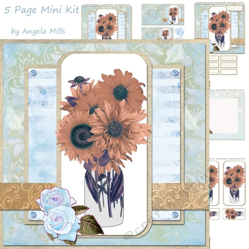 8 x 8 Card Mini Kit Decoupage Sunflower Bouquet 5 Sheets Blue/Yellow