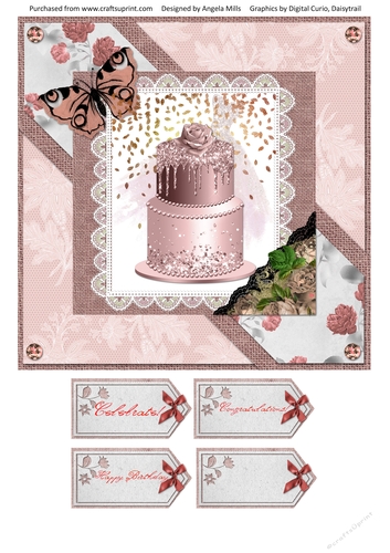 8 x 8 Card Front Dusky Rose Luxury Cake with Sentiment Tags, Dusky Rose/Taupe