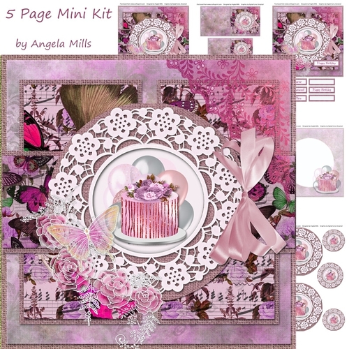8 x 8 Decoupage Card Mini Kit Pink/Lilac Floral Cake 5 Sheets  