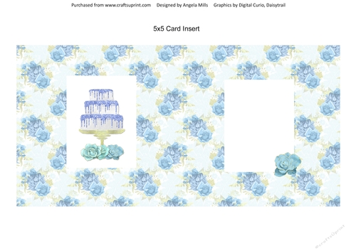 5 x 5 Card Insert Lavender/White Glitter Tiered Cake on Blue/White Floral Background, Blank