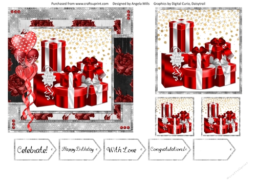 6 x 6 Red/White Gift Boxes with Toppers and Sentiments, Red/Black/Silver