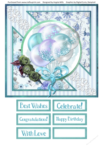 8 x 8 Card Front Aqua/Lilac/White Glitter Balloons with Sentiment Toppers