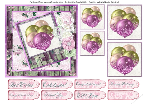 6 x 6 Card Front Shabby Violet/Green/Champagne Balloons with Toppers and Sentiments