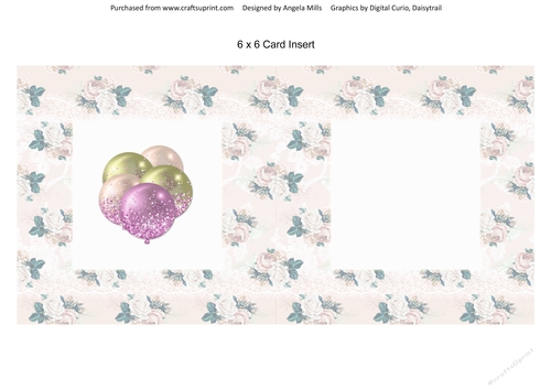 6 x 6 Card Insert Violet, Green & Champagne Balloons on Shabby Floral Background, Blank