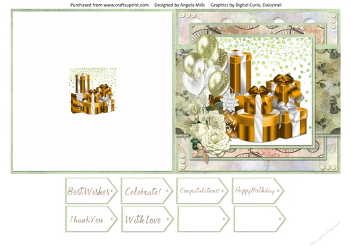 5 x 5 Quick Cut & Fold Card Gold/Silver Gift Boxes with Sentiment Tags Green/Gold