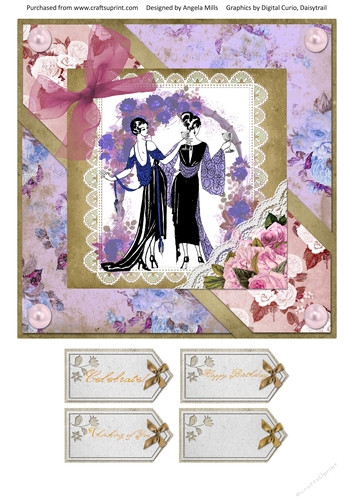 8 x 8 Card Front Two Elegant 20s Ladies with Sentiment Tags, Lilac/Pink/Kraft