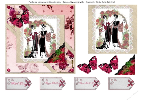 6 x 6 Card Front Elegant 20s Ladies with Topper, Decoupage & Sentiments, Red/Pink/Kraft