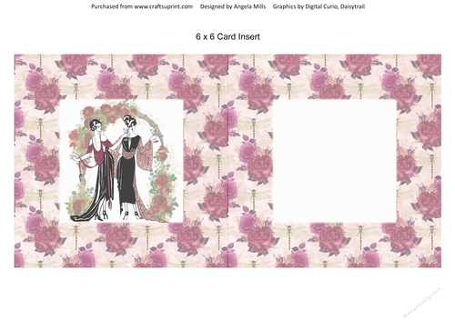 6 x 6 Card Insert 20s Ladies on Red/Ivory Floral Background, Blank