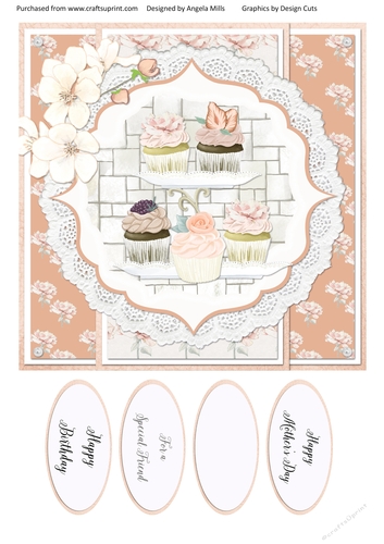 Have Tea With Me 5: Cupcakes 8x8 Card Front with Sentiments Peach/White