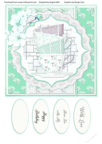 Have Tea With Me 7: Stacked Teacups 8x8 Card Front with Sentiments Mint Green/White