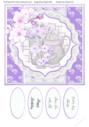 Have Tea With Me 8: Floral Teacup & Teapot 8x8 Card Front with Sentiments Violet/White
