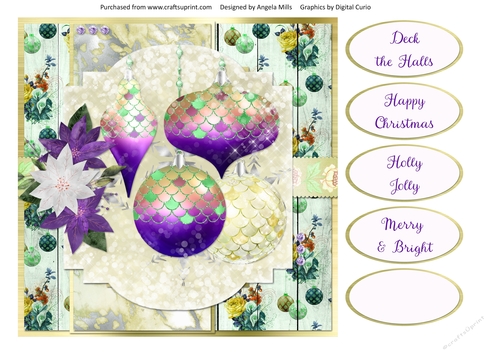 8 x 8 Card Front Gold/Purple Christmas Baubles 6 with Sentiments
